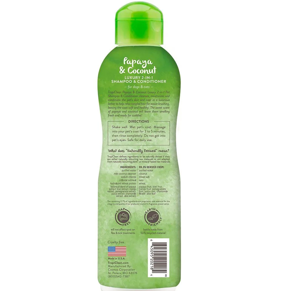TropiClean Luxury 2-in-1 Papaya & Coconut Pet Shampoo 20oz